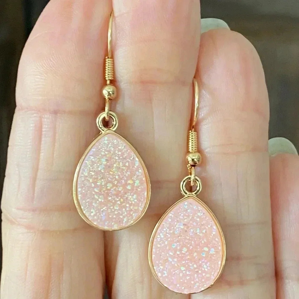 Light Baby Pink Faux Druzy Gold Drop Hook Earrings NWT
